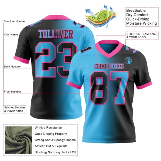 Maglia da calcio autentica alla moda, in mesh, personalizzata, sfumata, nera, blu e rosa cielo