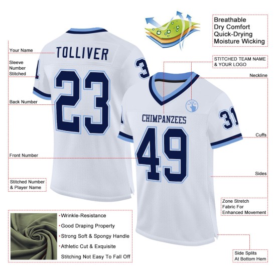 Maglia da football americano personalizzata blu navy-chiaro, retrò, bianca Maglia da football americano personalizzata blu navy-chiaro, retrò, bianca