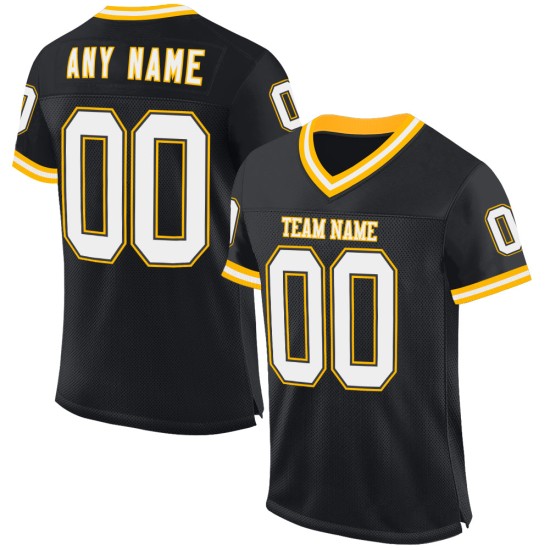 Maglia da football personalizzata in maglia bianca e oro, retrò, nera, autentica Maglia da football personalizzata in maglia bianca e oro, retrò, nera, autentica