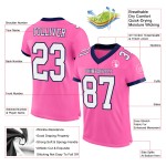Maglia da football personalizzata rosa, bianca e blu navy, autentica in mesh Maglia da football personalizzata rosa, bianca e blu navy, autentica in mesh