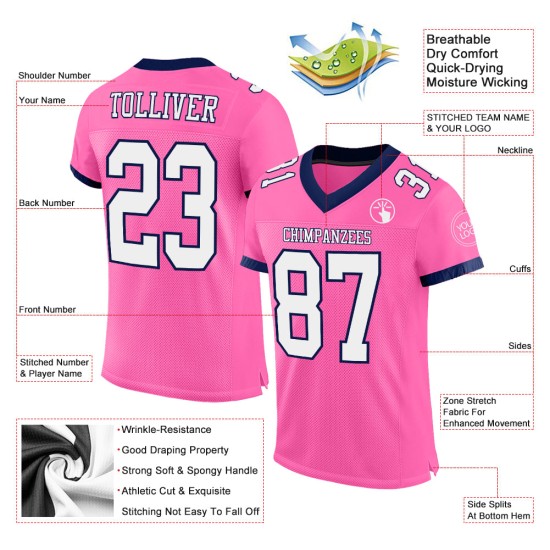 Maglia da football personalizzata rosa, bianca e blu navy, autentica in mesh Maglia da football personalizzata rosa, bianca e blu navy, autentica in mesh