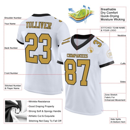 Maglia da football personalizzata in maglia autentica bianca antica, oro e nero
