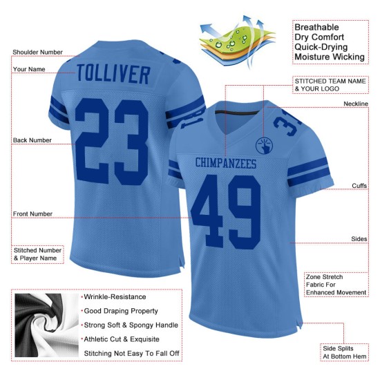 Maglia da calcio blu chiaro Royal personalizzata autentica in mesh Maglia da calcio blu chiaro Royal personalizzata autentica in mesh