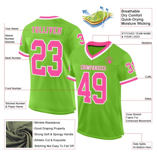 Maglia da football verde neon personalizzata retrò rosa-bianca in rete autentica Maglia da football verde neon personalizzata retrò rosa-bianca in rete autentica