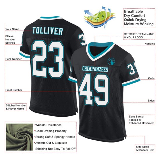 Maglia da football americano personalizzata, autentica, in maglia bianca e verde acqua, stile retrò e nera Maglia da football americano personalizzata, autentica, in maglia bianca e verde acqua, stile retrò e nera