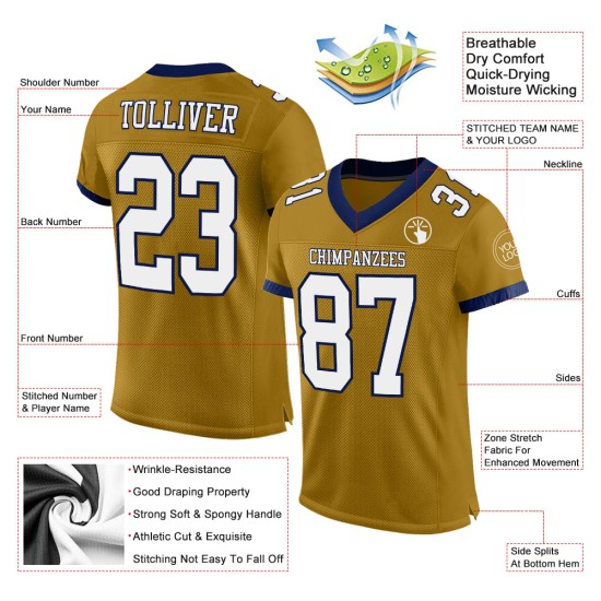 Maglia personalizzata bianco-blu navy da football americano, maglia dorata autentica Maglia personalizzata bianco-blu navy da football americano, maglia dorata autentica