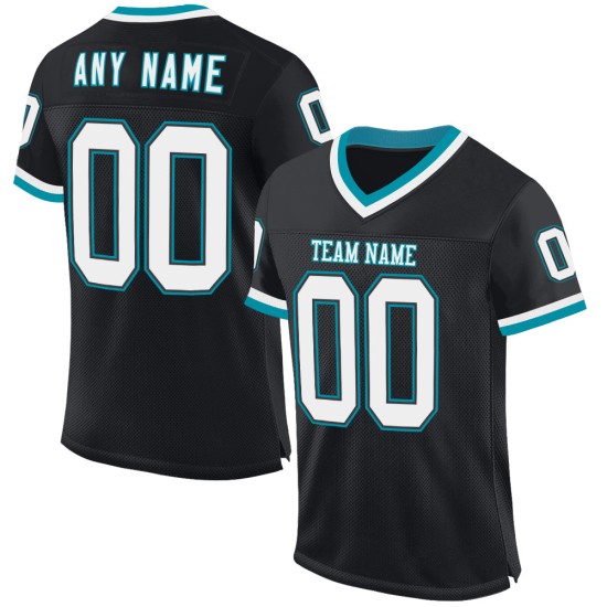 Maglia da football americano personalizzata, autentica, in maglia bianca e verde acqua, stile retrò e nera Maglia da football americano personalizzata, autentica, in maglia bianca e verde acqua, stile retrò e nera