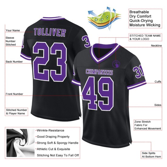 Maglia retrò personalizzata autentica da football, maglia nera, viola e bianca