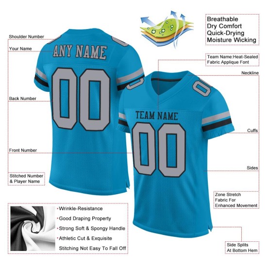Maglia da football Panther Mesh personalizzata, autentica, blu chiaro, grigio-nera Maglia da football Panther Mesh personalizzata, autentica, blu chiaro, grigio-nera
