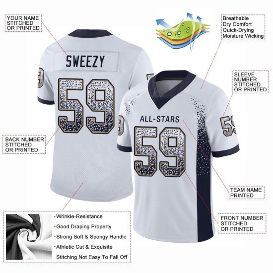 Maglia da football personalizzata Drift blu navy-old fashion, bianca e oro Maglia da football personalizzata Drift blu navy-old fashion, bianca e oro