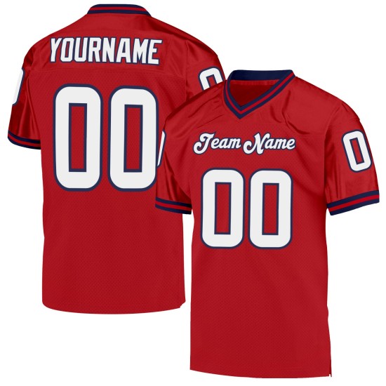 Maglia da football personalizzata in maglia autentica rossa retrò, bianca e blu navy Maglia da football personalizzata in maglia autentica rossa retrò, bianca e blu navy