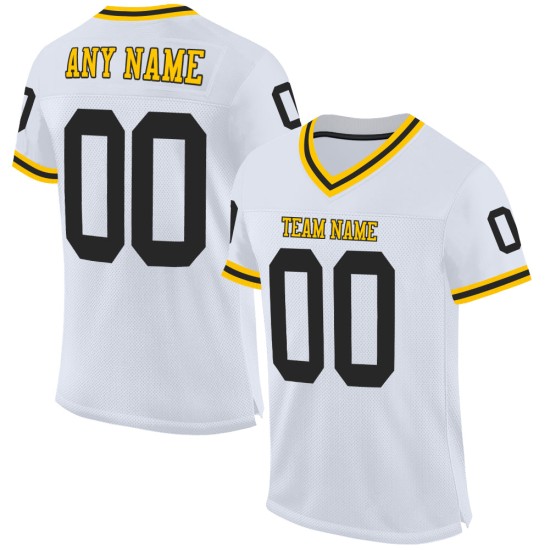 Maglia da calcio personalizzata in mesh bianca autentica, nera e oro, stile retrò