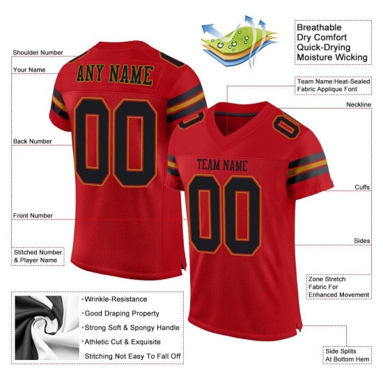 Maglia da football personalizzata in maglia rossa, autentica e nera, in oro antico Maglia da football personalizzata in maglia rossa, autentica e nera, in oro antico