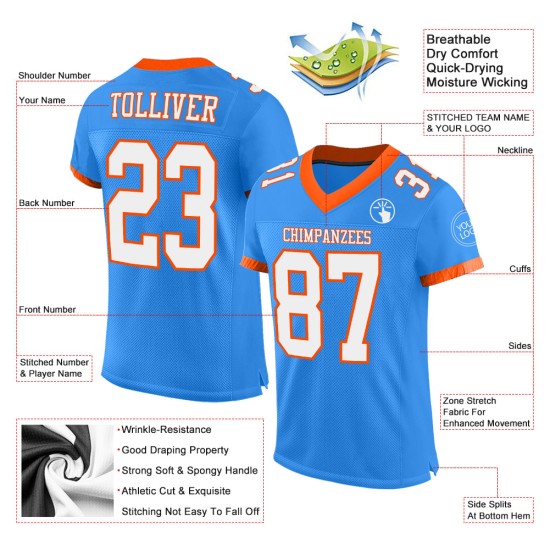 Maglia da football autentica personalizzata Blue Powder, maglia bianca e arancione