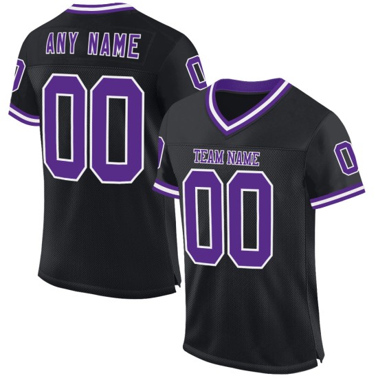Maglia retrò personalizzata autentica da football, maglia nera, viola e bianca