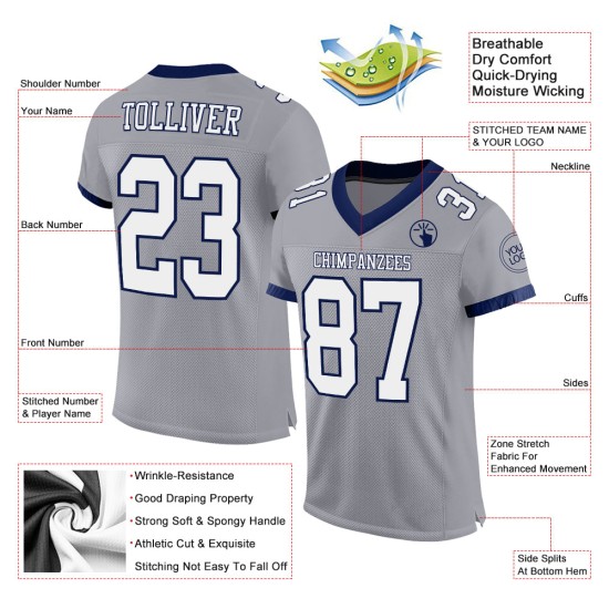 Maglia da football autentica bianca-blu navy personalizzata in maglia grigia Maglia da football autentica bianca-blu navy personalizzata in maglia grigia