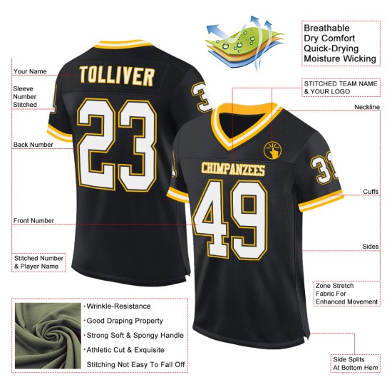 Maglia da football personalizzata in maglia bianca e oro, retrò, nera, autentica Maglia da football personalizzata in maglia bianca e oro, retrò, nera, autentica