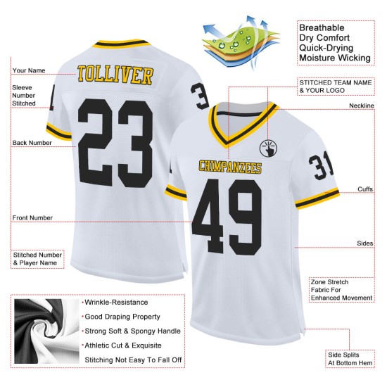 Maglia da calcio personalizzata in mesh bianca autentica, nera e oro, stile retrò