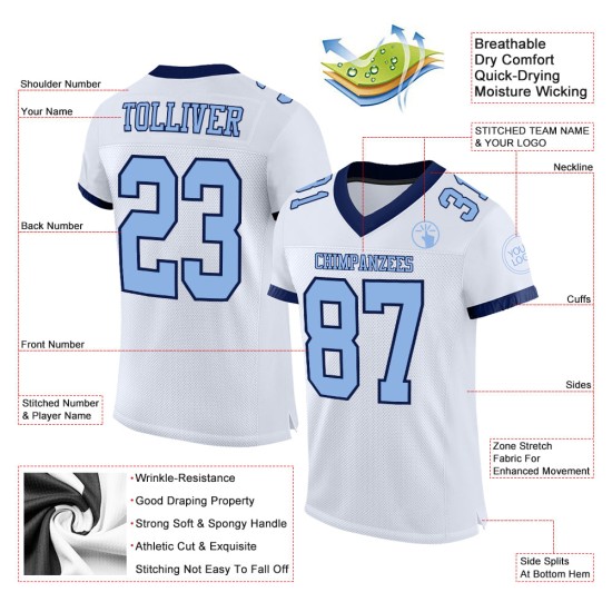Maglia da football personalizzata bianca leggera a rete blu navy autentica Maglia da football personalizzata bianca leggera a rete blu navy autentica