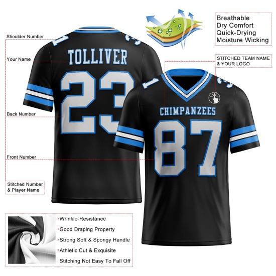 Maglia da football autentica blu in maglia bianca e nera personalizzata Maglia da football autentica blu in maglia bianca e nera personalizzata