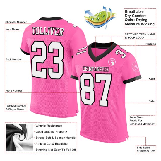 Maglia da football rosa autentica in rete bianca e nera personalizzata