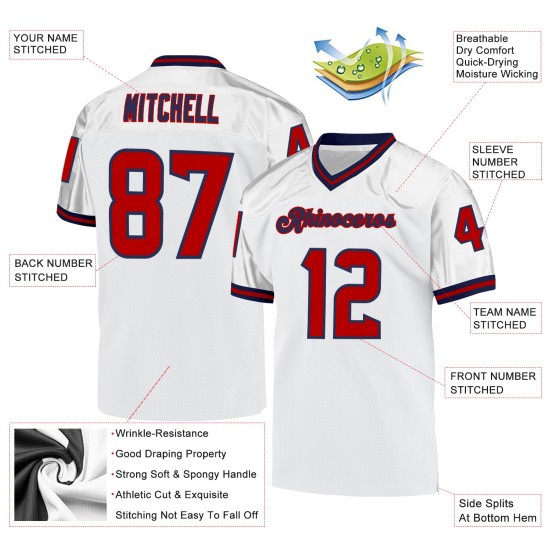 Maglia da football autentica retrò rosso-blu navy personalizzata bianca Maglia da football autentica retrò rosso-blu navy personalizzata bianca