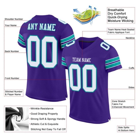 Maglia da football autentica personalizzata viola, maglia da football bianco-acqua Maglia da football autentica personalizzata viola, maglia da football bianco-acqua