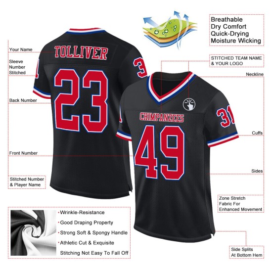Maglia da football autentica personalizzata nera, rossa e blu navy, stile retrò Maglia da football autentica personalizzata nera, rossa e blu navy, stile retrò