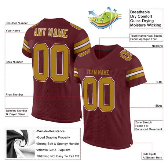 Maglia autentica bordeaux oro-bianca da football americano vintage personalizzata Maglia autentica bordeaux oro-bianca da football americano vintage personalizzata